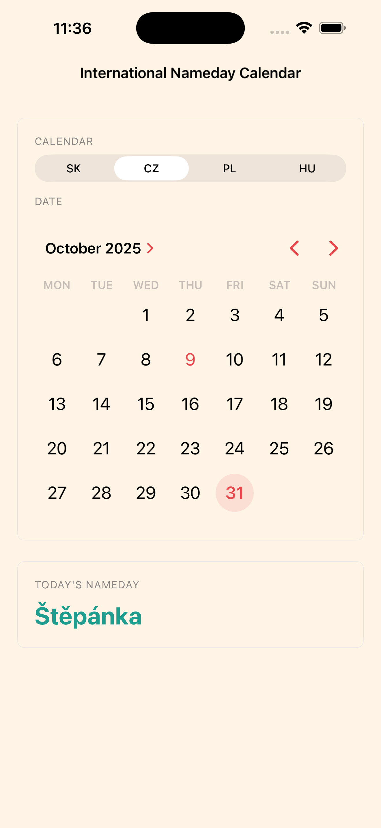 iPhone screenshot — calendar search